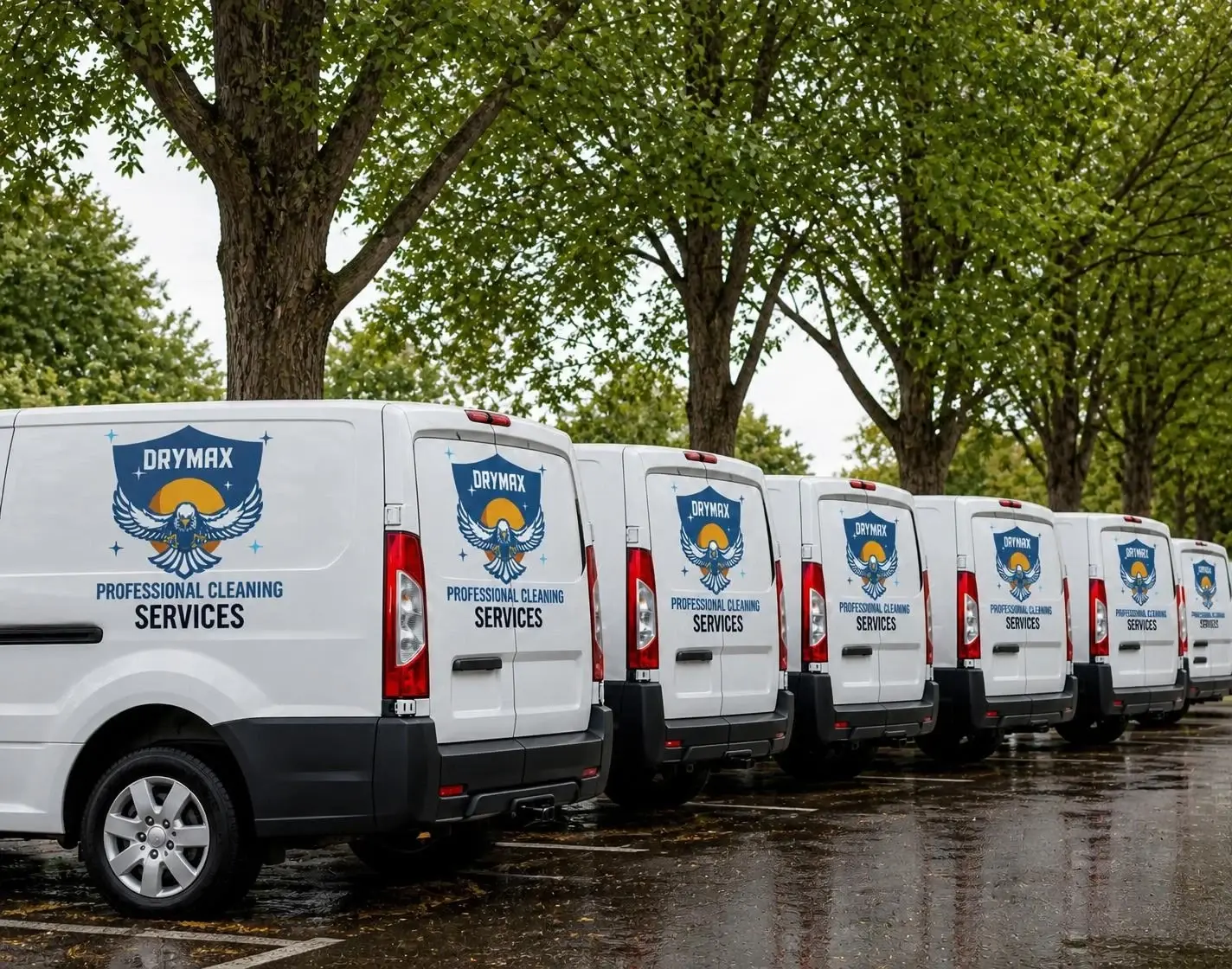 Fleet of DryMax professional cleaning vans parked under trees